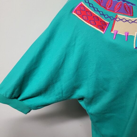 Koret Francisca Shirt Green Embroidered 80s Shoulder Pads Vintage Womens M Tribe - Picture 4 of 9
